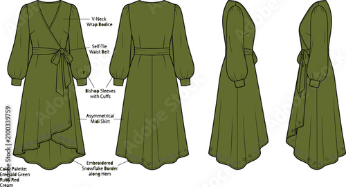 Billede på lærred Fashion technical sketch of a wrap midi dress with bishop sleeves and snowflake