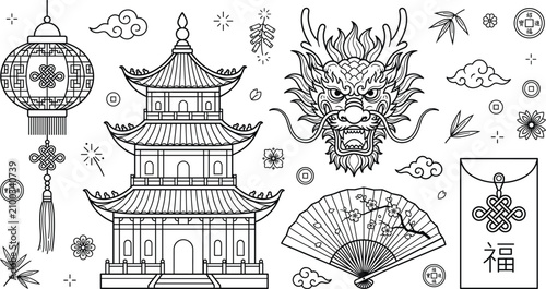 Chinese Lunar New Year vector line art collection featuring traditional pagoda dragon head lantern folding fan red envelope