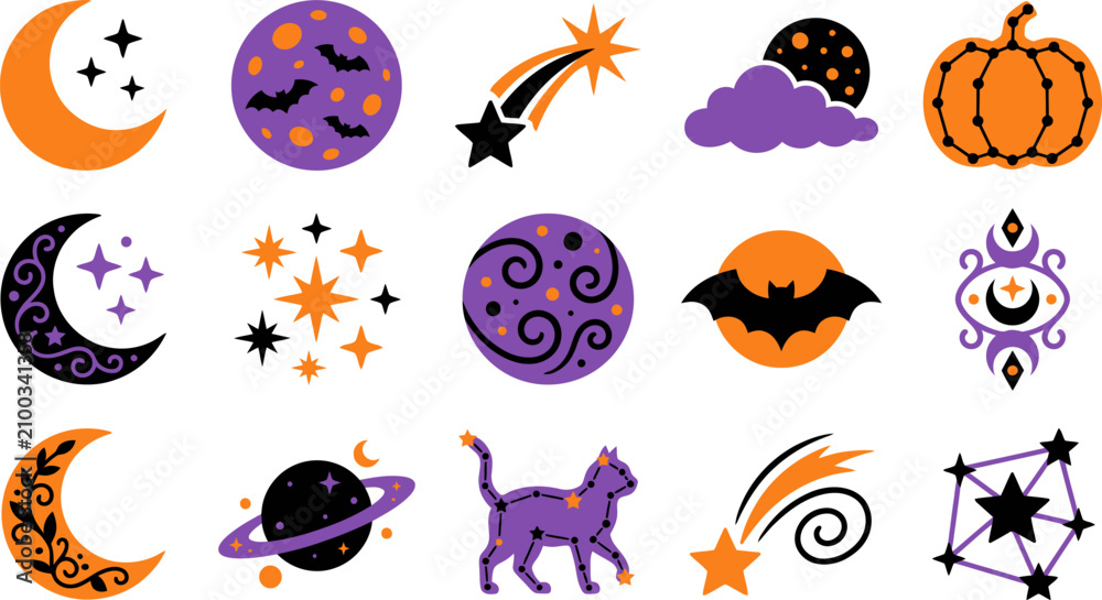 Fototapeta premium Set of mystical night sky elements, moon, stars, pumpkin, clouds, bat, and planet, in orange, black and purple colors on transparent background.