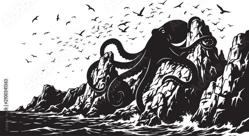 Black and white illustration of dragon on mountain peak