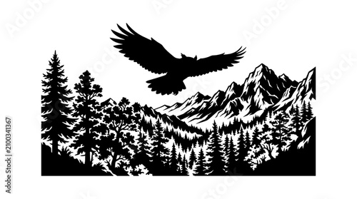 Black eagle flying over mountain landscape with trees