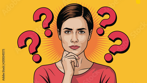 Pop art woman pondering deeply with chin on hand surrounded by question marks