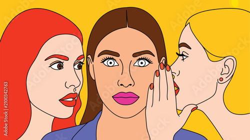 Pop art women sharing a secret with middle woman showing a surprised expression