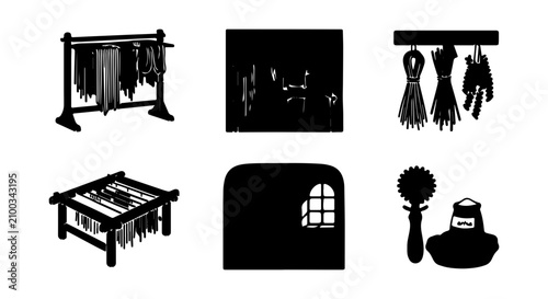 Cuadro en lienzo Primitive Tools and Drying Racks, Ancient Craftsmanship, Rustic Village Life, Bl