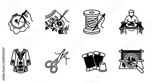 Fotografía Embroidery Icons Set, Sewing Craft Vector Graphics, Needlework Tools, Textile Ar