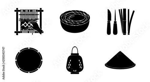 Cuadro en lienzo Traditional Craftsmanship Icons: Weaving, Basketry, Tools, Lantern, Hat