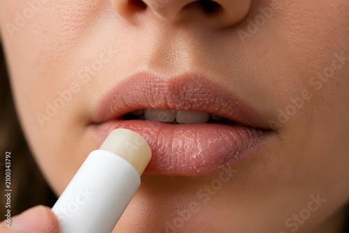 Balm stick on dry lips. Applying Lip Balm to Dry Lips Close-Up