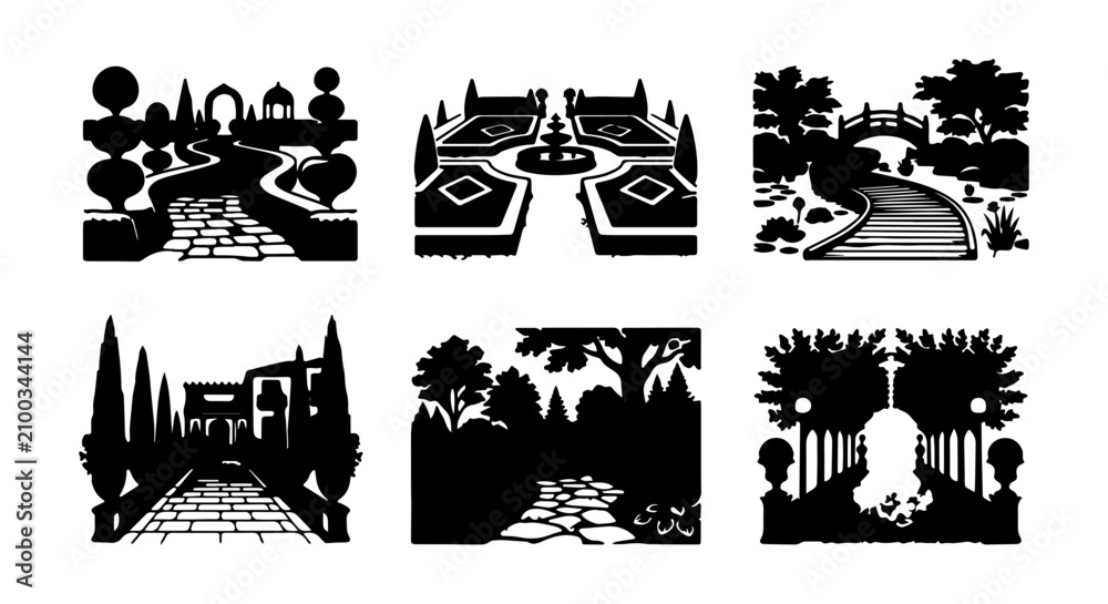Fototapeta premium Elegant Topiary Gardens, Formal French Landscape Designs, Romantic English Garden Scenes, Vector Art Collection