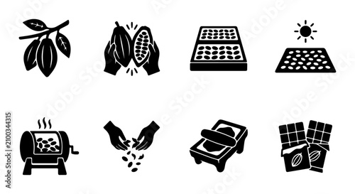 Foto Cocoa Bean to Chocolate Bar Production Icons, Food Processing Vector Graphics, S