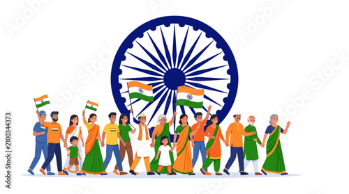 Diverse Indian citizens celebrating India independence day with national flags and Ashoka Chakra background