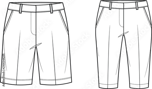 Photos Technical Fashion Flat Sketch of Women’s Tailored Bermuda Shorts and Cropped Tro