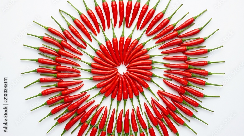 Obraz premium Red Chili Peppers Arranged in Circular Radial Pattern on White Background