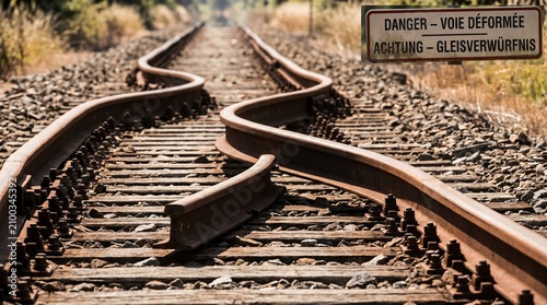 Warped and buckled railway tracks due to extreme heat expansion. Sun kink damage on train line with danger warning sign. Infrastructure disruption concept