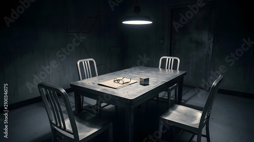 Interrogation Room With Table, Four Chairs, Glasses and Folder