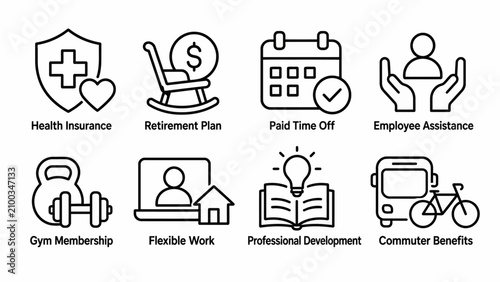 Fotografie Line icons representing employee benefits and perks.