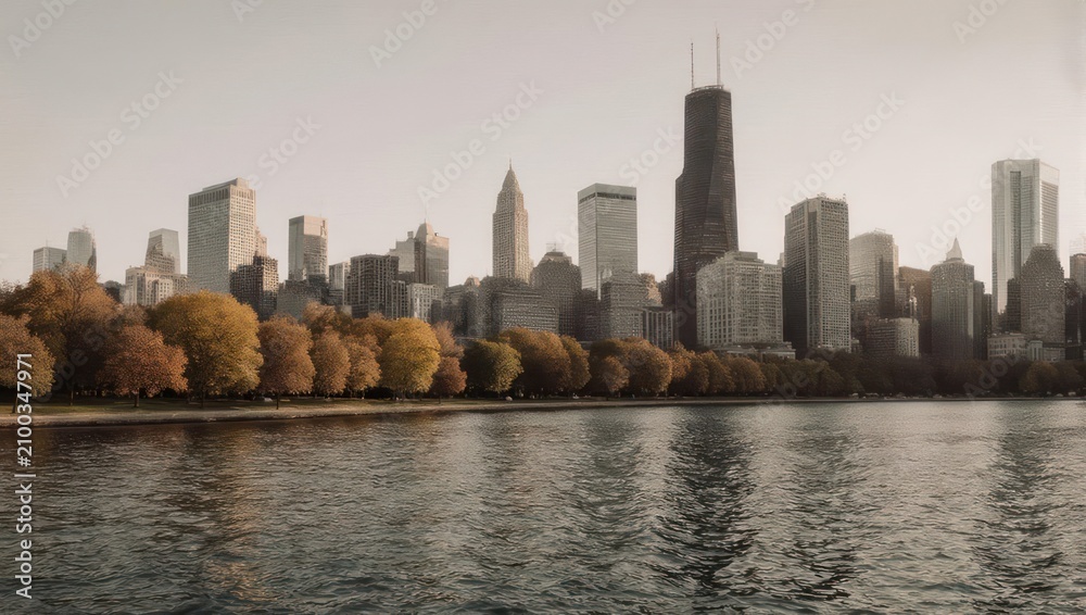 Fototapeta premium Chicago Skyline Reflected in Lake Michigan During Autumn.