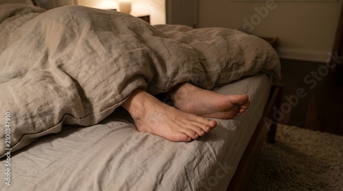 Feet resting on the edge of a bed suggest a moment of calm and relaxation in a cozy room.