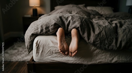 Feet protruding from under a soft grey linen duvet create a peaceful atmosphere in a dark bedroom.