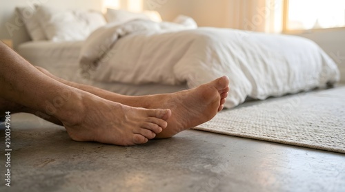 Feet resting on a concrete floor near a bed emphasize a modern aesthetic with natural textures.