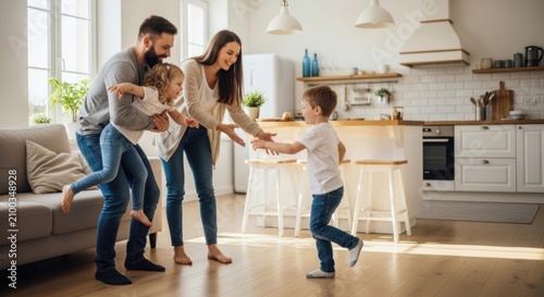 Happy family playing in the living room