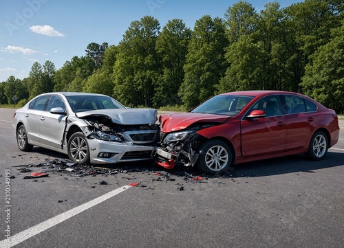 Two cars severely damaged in a headon collision accident  cars badly crushed and smashed