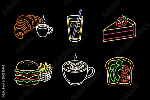 Neon food and drink icon set with burger, coffee, croissant, cake, and avocado toast on black background