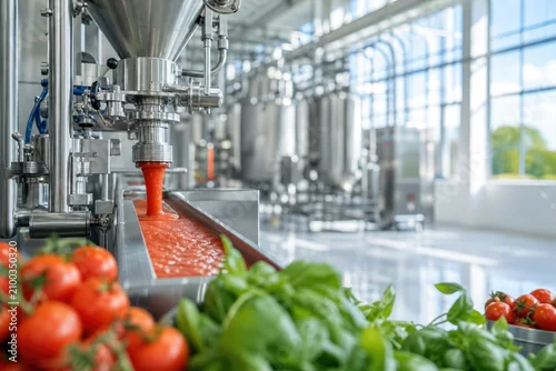 Fototapeta na wymiar Modern stainless steel tomato processing machinery filling sauce into containers in high-tech food production facility with vibrant red liquid flow