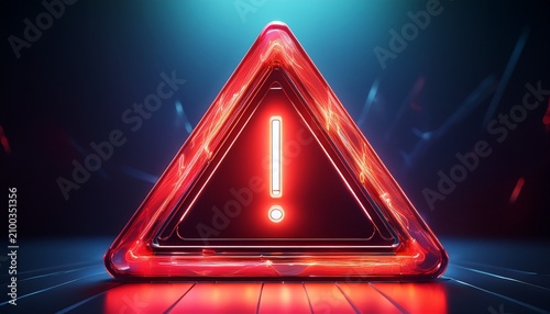bright red warning triangle with exclamation mark illuminated on a dark background