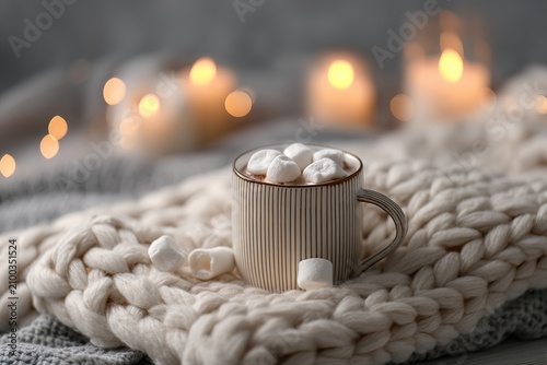 Hot cocoa with marshmallow in striped ceramic cup on knitted blanket. Cozy Christmas evening atmosphere with festive lights. Winter beverage for holiday celebration and home comfort.