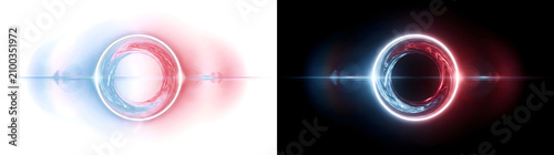 Neon Ring glowing blue and red circle with a liquid metallic swirl effect for futuristic technology designs in PNG, Transparent and Black Background Versions