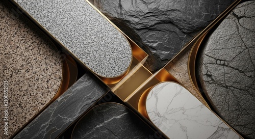 Top view of geometric stone and gold shapes.