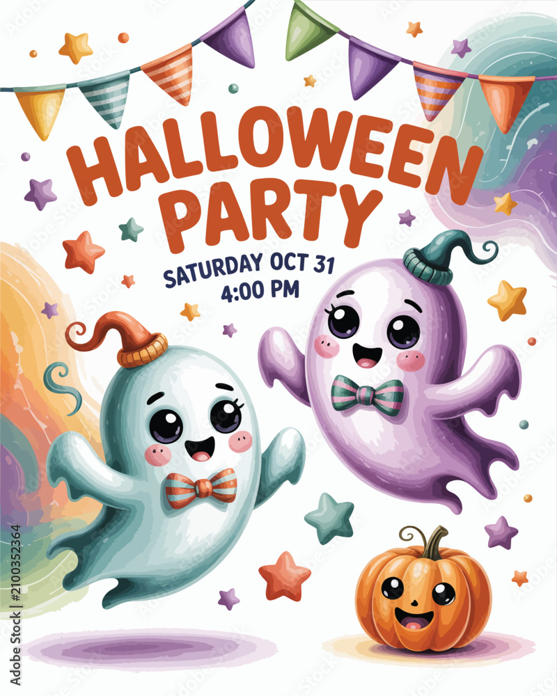 Fototapeta premium Whimsical watercolor Halloween party invitation with smiling ghosts, cheerful pumpkin, and vibrant bunting banners