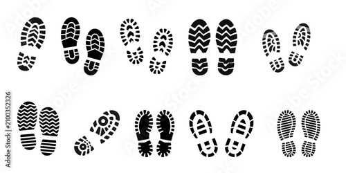 Shoe sole footprints and boot tread marks vector collection.