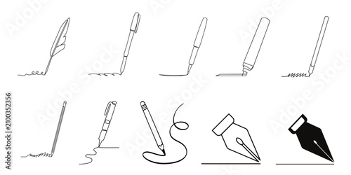Cuadro en lienzo Writing instruments line icons set including fountain pen, pencil, and calligraphy nib