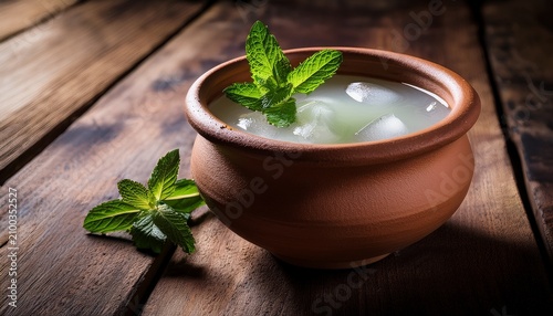 a refreshing glass of chilled sattu drink garnished with mint leaves served in an earthenware cup on a rustic wooden table