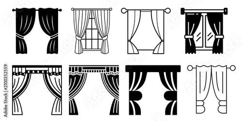 Foto Vector templates of window curtains and drapes in linear and silhouette styles