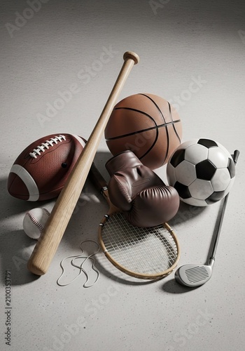 Assorted sports equipment on neutral floor.