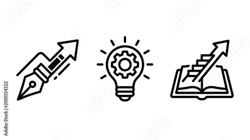 Business innovation and creative development linear icons featuring writing lightbulb and goal ascending innovation business development achievement strategy creativity solution inspiration