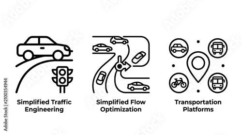 Set of transportation icons including traffic engineering flow optimization and platform location markers with transportation engineering optimization navigation location logistics infrastructur
