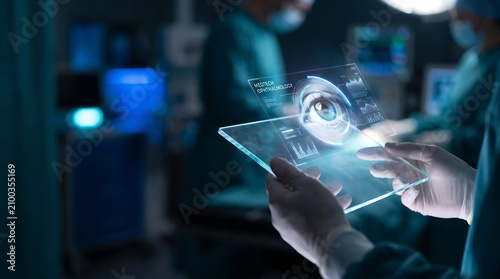 Surgeon holding futuristic transparent tablet with glowing digital eye hologram in operating room