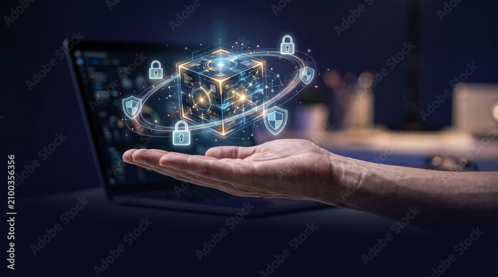 Fototapeta premium Holographic digital cube with security locks floating over hand