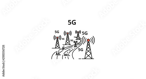 Landscape of multiple 5G cell towers transmitting data.