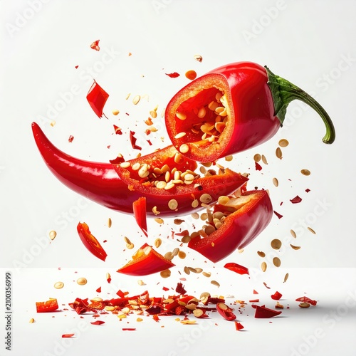 Dynamic explosion of a vibrant red pepper shattering into pieces, releasing seeds