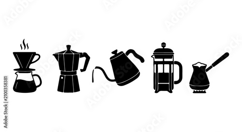 Foto Coffee Brewing Icons: Pour Over, Moka Pot, Kettle, French Press, Turkish Coffee