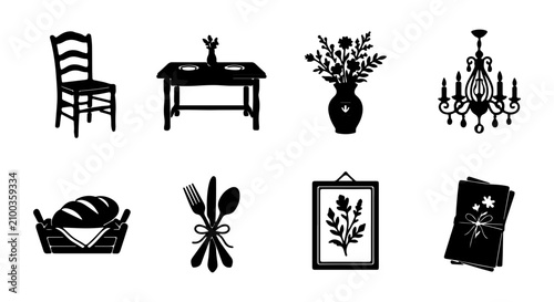 Schilderij op canvas Elegant Silhouette Icons: Vintage Furniture, Floral Decor, Dining Set, Chandelie