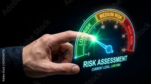 Pointing at low risk assessment level on futuristic digital gauge