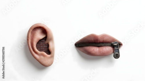 Zipped mouth and bricked ear illustrating communication barriers