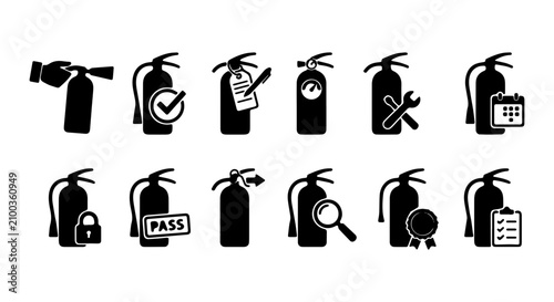 Bild auf Leinwand Fire Extinguisher Icons: Safety, Inspection, Maintenance, and Compliance Vector