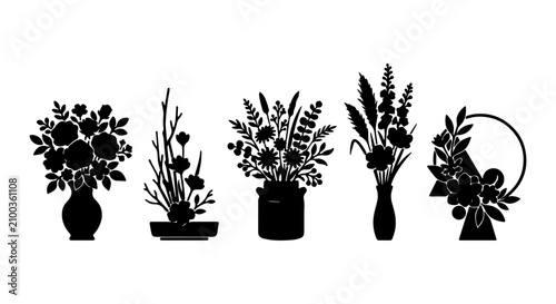 Foto Elegant Floral Silhouettes, Vector Flower Arrangements, Botanical Art, Decorativ