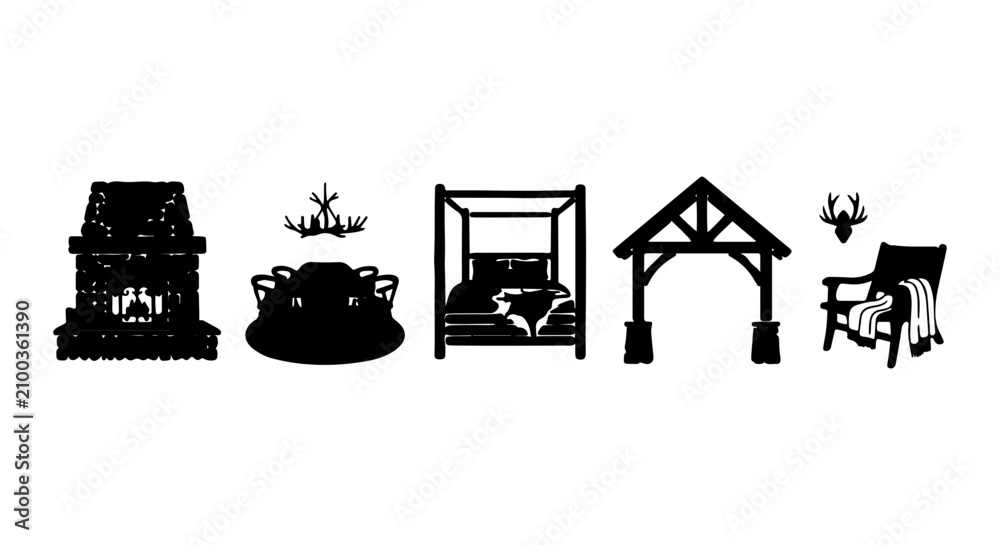 Obraz premium Rustic Home Decor Icons, Cozy Fireplace, Canopy Bed, Outdoor Gazebo, Armchair Silhouette Set